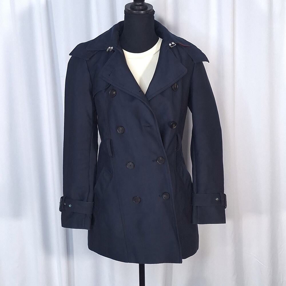 Zara Woman Small Navy Blue Hooded Double Breasted Trench Coat Red Contrast